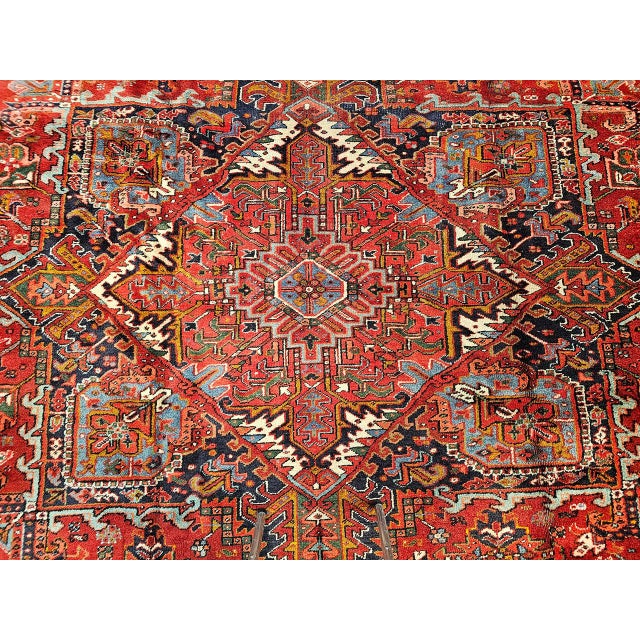 Red Vintage Oversized Persian Heriz Rug, Hand-Knotted Wool, Geometric Pattern, Red & Navy, 12x16 For Sale - Image 8 of 10