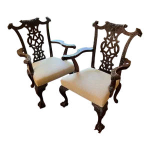 Vintage Karges Style Mahogonay Chippendale Ball and Claw Captains Dining Chairs Set of 2