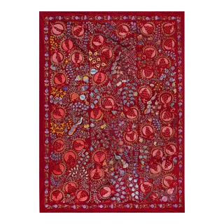 Red Uzbek Suzani Textile – Pomegranate & Bird Motif Wall Hanging Decor 4'5'' X 6'6'' For Sale