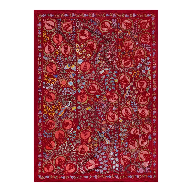 Red Uzbek Suzani Textile – Pomegranate & Bird Motif Wall Hanging Decor 4'5'' X 6'6'' For Sale