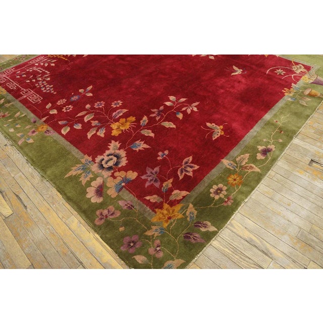 Magistral Red Rust Background and Green Border Color With Floral Design Antique Chinese Art Deco Rug For Sale - Image 9 of 12