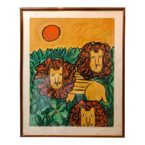 1960s Modernist Graphic Style Oil Painting of Lions by Lionel Kalish