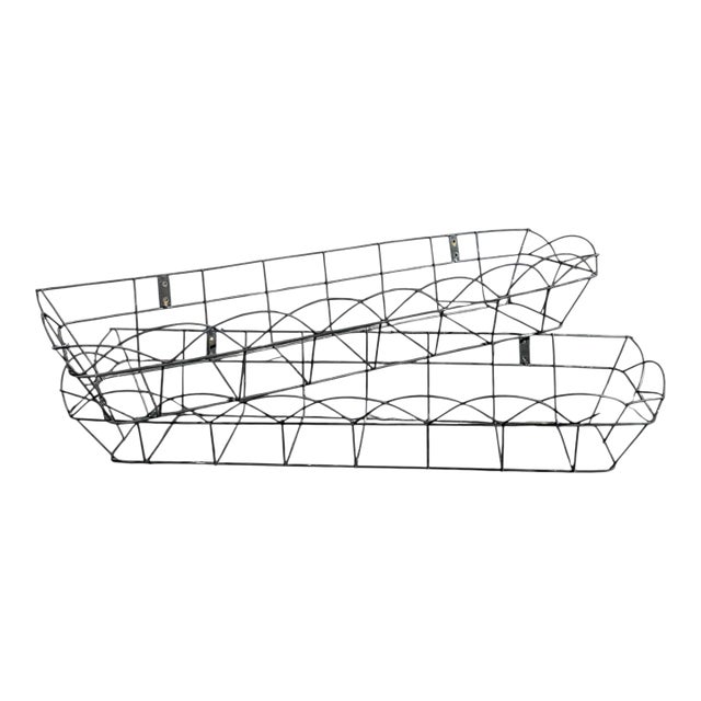Mid-20th Century Black Metal Wire Wall Baskets Pair Industrial Farmhouse For Sale