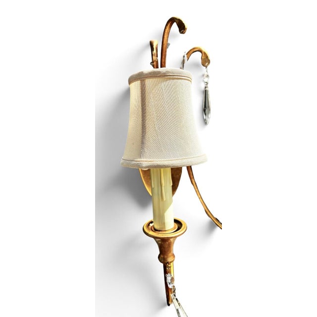 1990s Mid-Century Modern Gold Leaf 2-Light Crystal Wall Sconce For Sale - Image 9 of 14