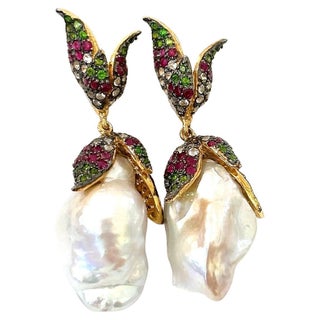 Bochic "Orient" Vintage Ruby, Topaz & Multi Gem Earrings Set In 18K Gold & Silver For Sale