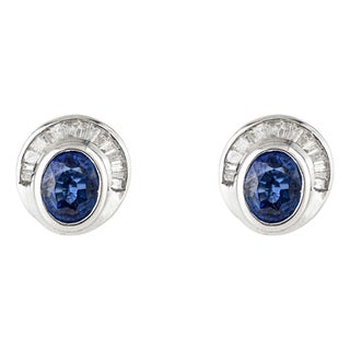 Vintage Style 1.27 Ct Blue Sapphire & Diamond Stud Earrings in 14k White Gold For Sale