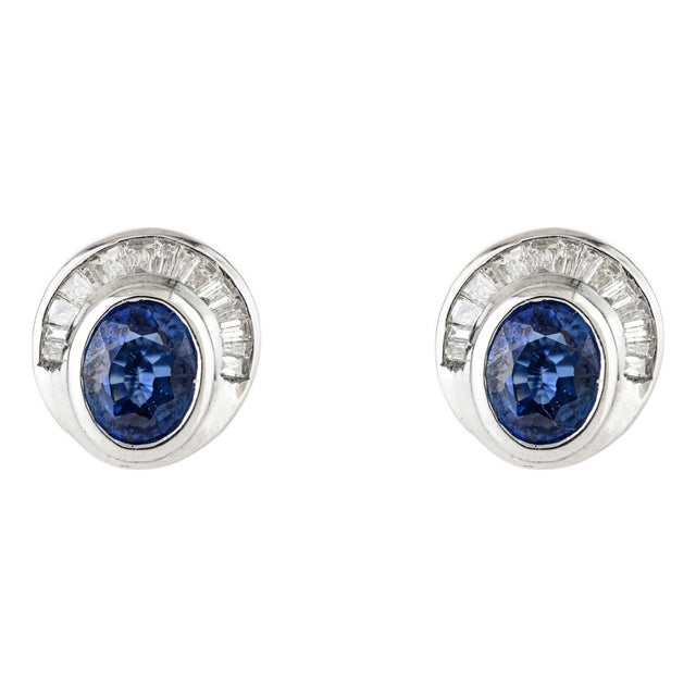 Vintage Style 1.27 Ct Blue Sapphire & Diamond Stud Earrings in 14k White Gold For Sale