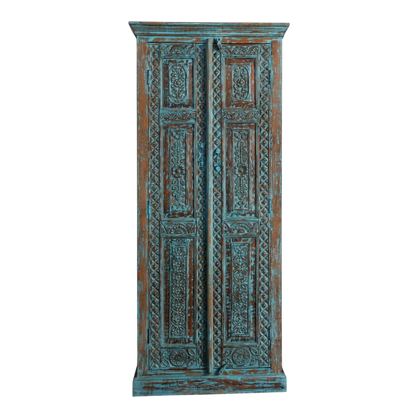 Antique Blue Floral Carved Armoire With Brass Stud Accents