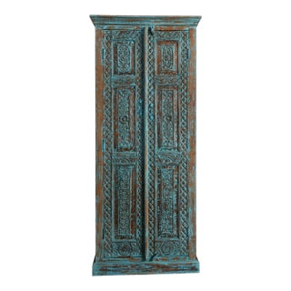 Antique Blue Floral Carved Armoire With Brass Stud Accents – Handcrafted Vintage Storage Cabinet 83x36 For Sale