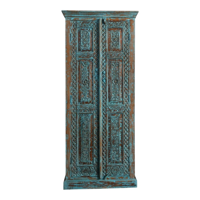 Antique Blue Floral Carved Armoire With Brass Stud Accents – Handcrafted Vintage Storage Cabinet 83x36 For Sale