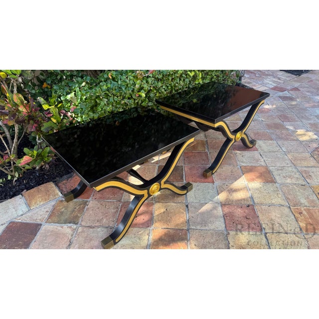 Pair of Hollywood Regency Black Lacquer & Gilt Side Tables by Heritage Furniture, Circa 1980s For Sale - Image 11 of 15
