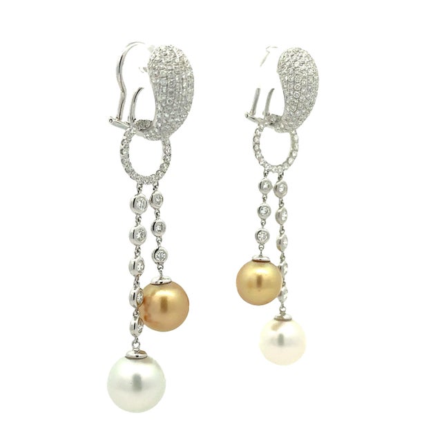 11mm South Sea Pearl Diamond 18k White Gold Huggie Drop Dangle Earrings, A Pair For Sale - Image 4 of 5