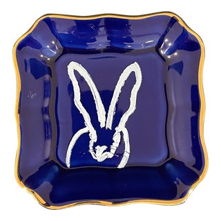 Hunt Slonem Art Plate in Cobalt Blue Featuring White Bunny and Gold Rim For Sale