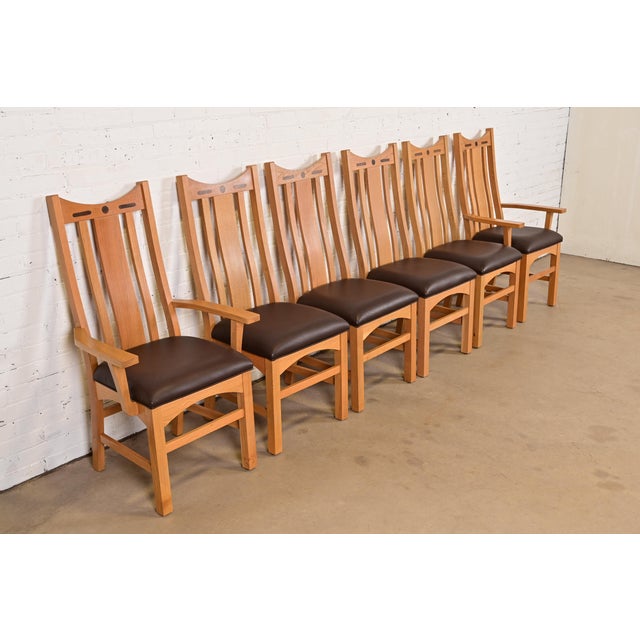 Charles Rennie Mackintosh Stickley Style Mission Oak Arts & Crafts High Back Dining Chairs, Set of Six For Sale - Image 4 of 12