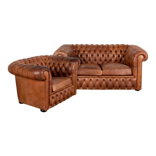 Pair, Vintage Brown Leather Chesterfield Two Seat Sofa and Club Chair, Denmark Circa 1960-70 For Sale
