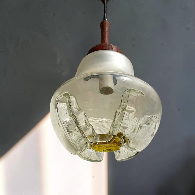 1960s Small Mid-Century Modern Hanging Light in Art Glass and Turned Teak, 1960s For Sale - Image 5 of 9