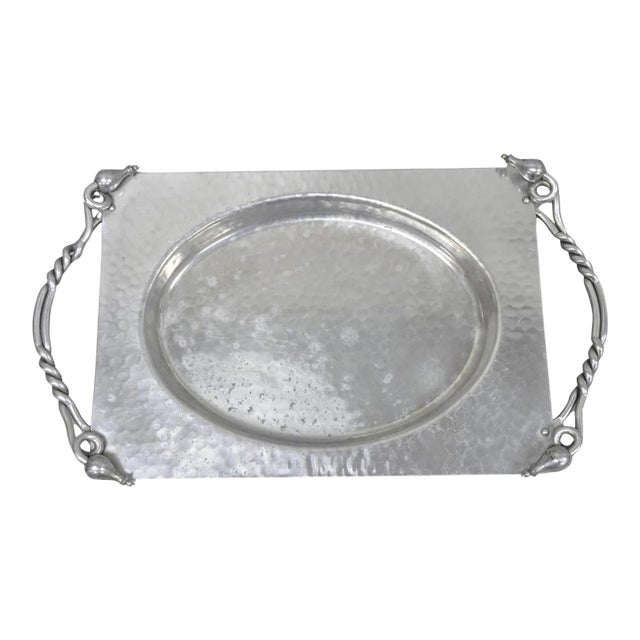 Vintage Buenilum Art Nouveau Hand Hammered Aluminum Serving Tray W Tulip Handles For Sale