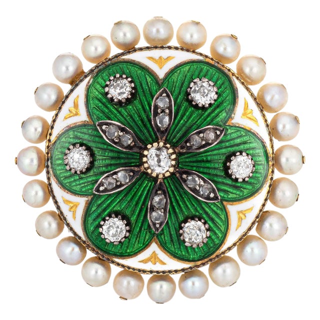 Vintage Diamond Pearl Ring Green Enamel Large Round Cocktail 14k Gold Sz 5 For Sale