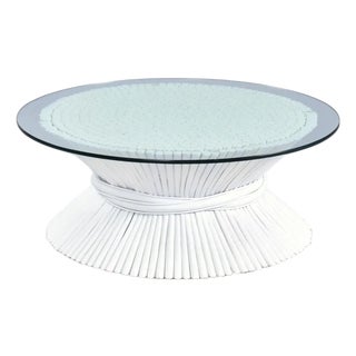 McGuire Coastal White Rattan Wheat Sheaf Coffee Table With Round Glass For Sale