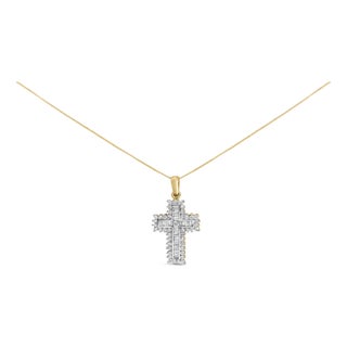 14K Yellow Gold 2.0 Cttw Multi-Row Diamond Cross Pendant Necklace For Sale