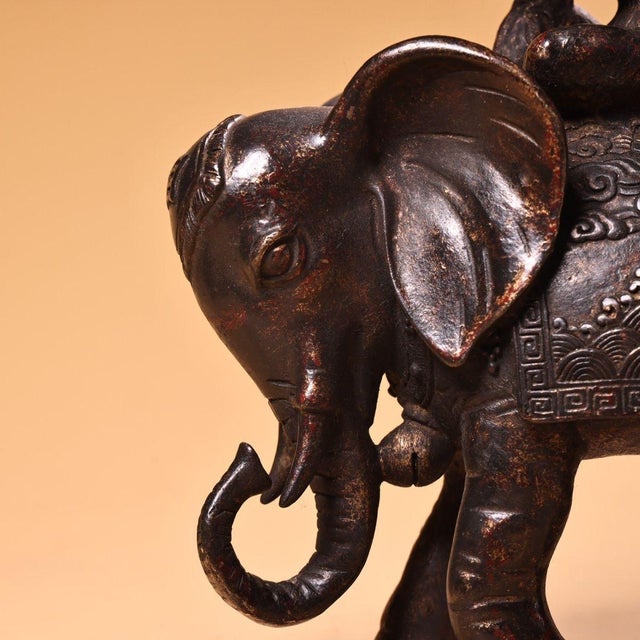 Metal Antique Chinese Solid Copper "Feng Hou Bai Xiang" Monkey on Elephant Figurine - Auspicious Scholar Official Symbol, Heavy Bronze Sculpture For Sale - Image 7 of 9