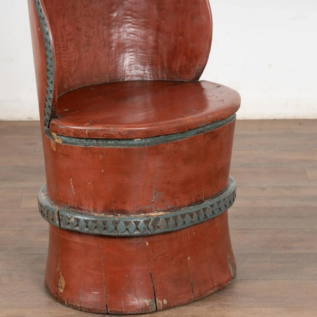 Wood Original Red Painted Swedish Kubbestol Carved Log Chair For Sale - Image 7 of 12