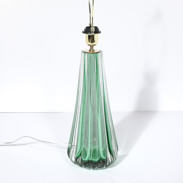 Modernist Hand-Blown Fluted Translucent Sea Green Hue Murano Glass Table Lamps For Sale - Image 4 of 10