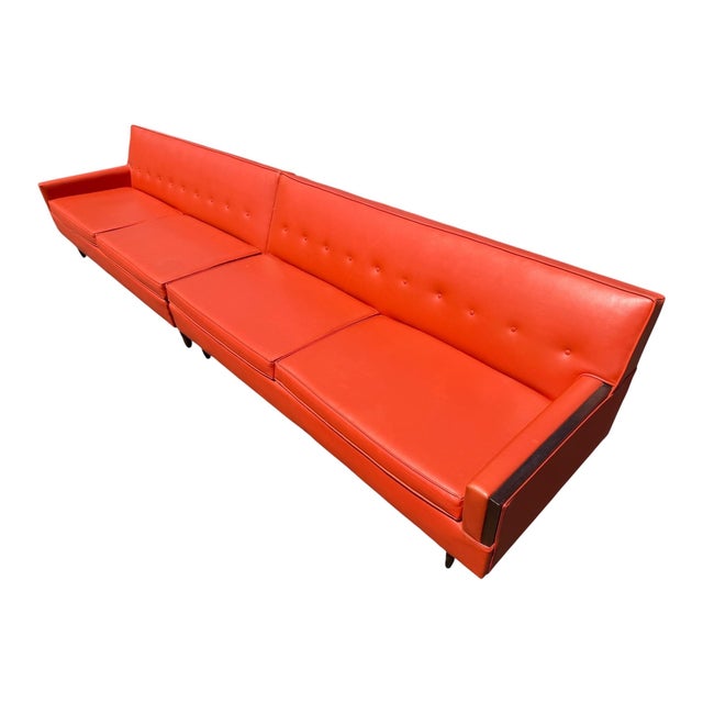 1960s Mid-Century Modern Orange & Walnut 2-Piece Sectional Sofa For Sale - Image 5 of 9