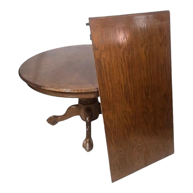 Vintage Solid Oak Claw Foot Pedestal Dining Table With 24" Leaf | 48" Round Expands to 72" For Sale