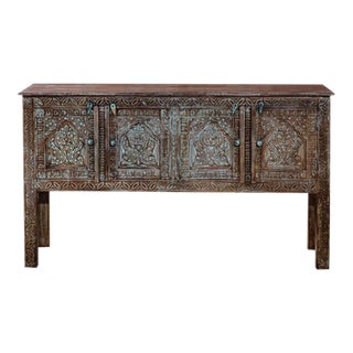 Rustic Media Console Table With 4 Doors in Blue Hues with Brass Studs For Sale