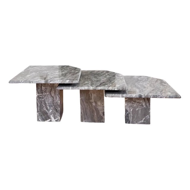 Vintage Italian Grey and White Marble Nesting Tables, 1980s, Set of 3 For Sale