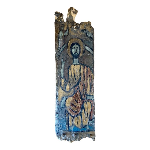 Primitive Folk Religious Panel on Weathered Wood, 1890s For Sale