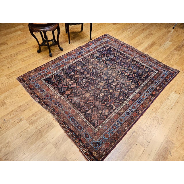 Textile 19th Century Persian Afshar Tribal Rug, Handwoven Wool, All-Over Geometric Pattern, Navy & Blue, 5x6 For Sale - Image 7 of 18