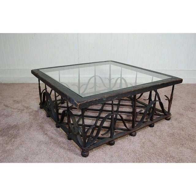 Antique Mission Arts & Crafts Samuel Yellin Style Wrought Iron Coffee Table. Item features an intricate woven wrought iron...