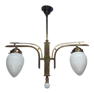 1940s Vintage Art Deco Old Fixture Ceiling Brass Hanging Chandelier Light Milk Glass Shade Lamp
