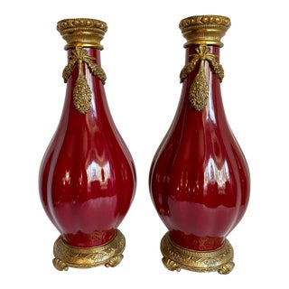 Pair of Burgundy Wine Ceramic Porcelain and Brass Mantel Vases For Sale