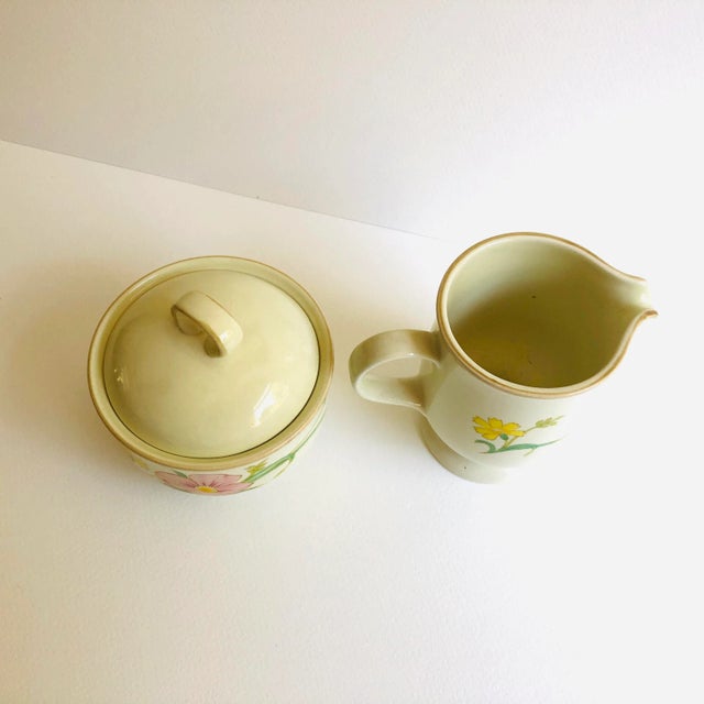 Vintage floral design creamer and sugar set,makers mark reads “ Mikasa celadon glaze "winsome" Pattern DH 404” made in...