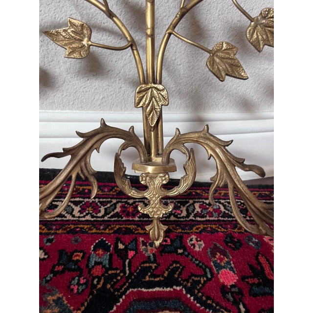 Late 20th Century Pair of Hollywood Regency Style Brass and Metal Wall Sconce, Candlestick Holder, Vine Leaves Design, Candelabra For Sale - Image 5 of 12