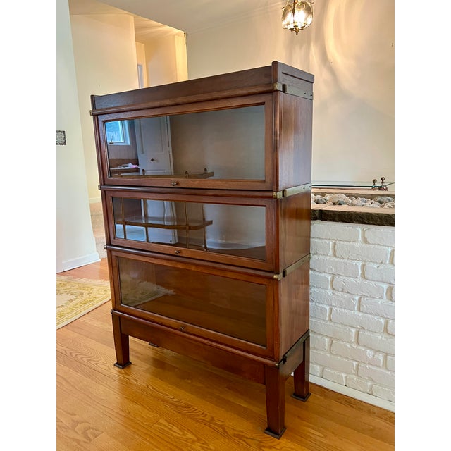 Brown Antique Barrister Bookcase Sections Set With Metal Strap by Globe Wernicke For Sale - Image 8 of 9