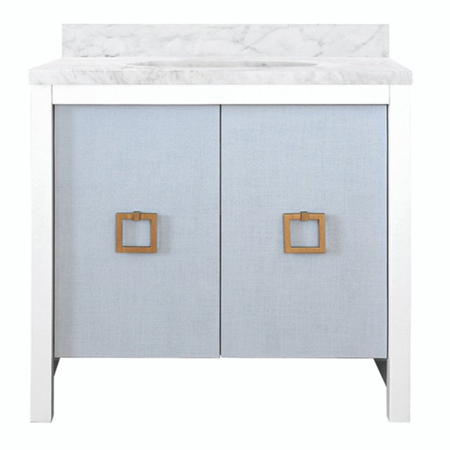 Matthew Izzo Home April Single Sink Bath Vanity - Light Blue Linen With Matte White Lacquer and Antique Brass Hardware For Sale In New York - Image 6 of 6