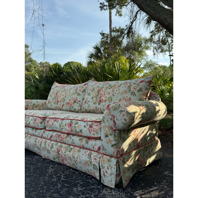 Vintage English Cottage Floral Upholstered Sofa | Grandmillennial Skirted Couch | Custom Floral Loveseat For Sale - Image 4 of 7