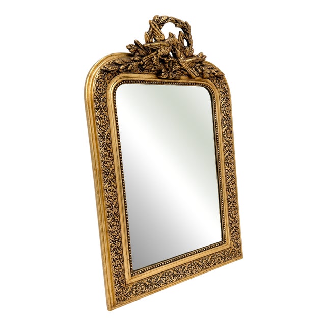 Antique French Giltwood Wall Mirror with Bird and Laurel Crest, 19th Century For Sale