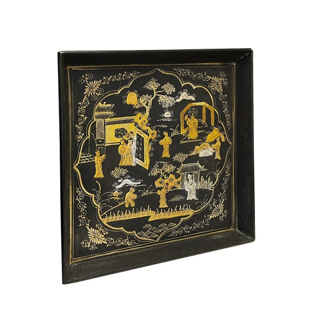Chinoiserie Golden Graphic Black Lacquer Square Display Disc Plate Tray For Sale - Image 4 of 6