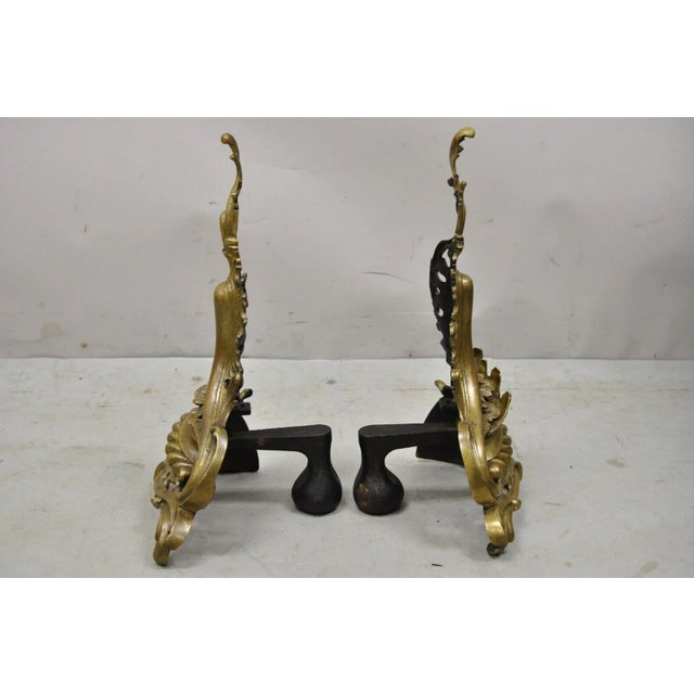 Vintage French Rococo Style Bronze Acanthus Leafy Scroll Andirons - a Pair For Sale In Philadelphia - Image 6 of 12