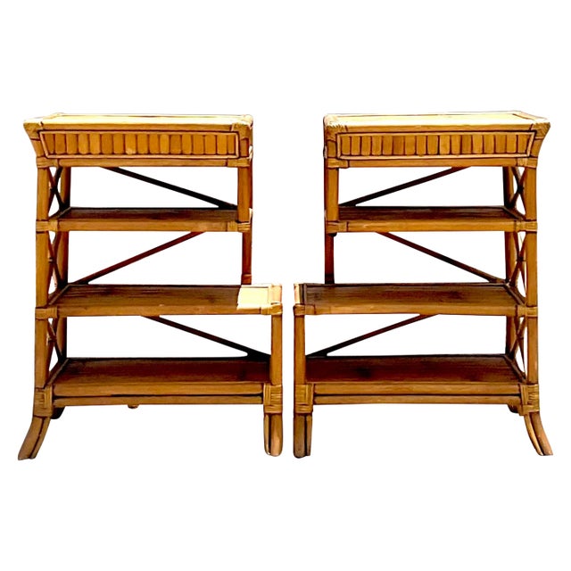 Vintage Coastal Rattan Side Tables -A Pair For Sale
