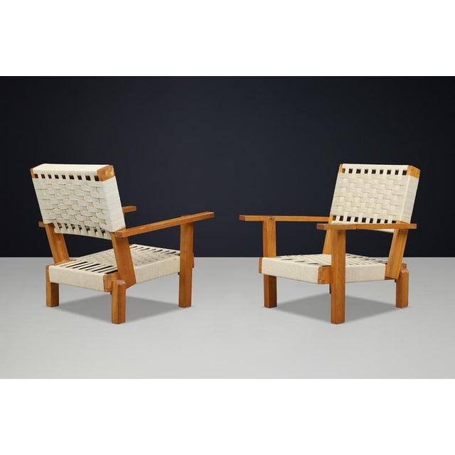 Wood Italian Pine and Woven Cord Lounge Chairs, 1970s, Set of 2 For Sale - Image 7 of 17