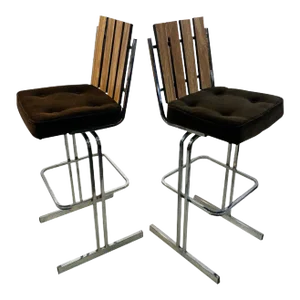 1970s Modernist Slatted Chrome Swivel Bar Stools - A Pair