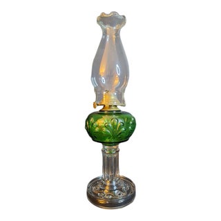 Antique Victorian Emerald Green Glass Kerosene Lamp Clear Star Base Scovill Queen Anne For Sale