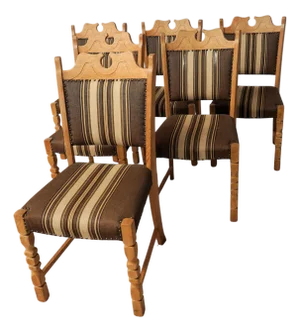 Danish Brutalist Oak Dining Chairs in the style of Henning Kjaernulf, 1960s, Set of 6