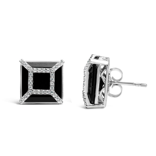14K White Gold 3/8ct Diamond with 11x11MM Black Onyx Stud Earrings, A Pair For Sale - Image 4 of 5